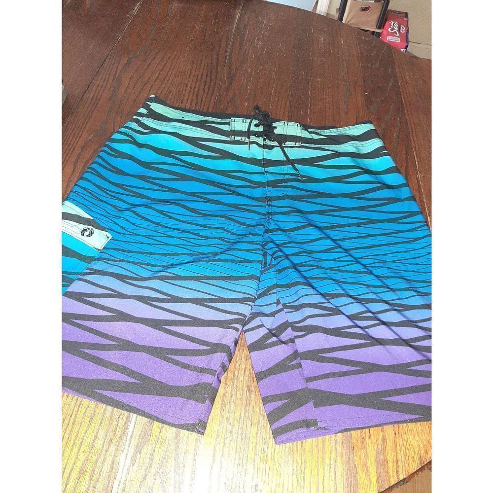 Mens 36 Hang Ten Blue Black Purple Drawstring Swim Trunks Shorts Board Shorts